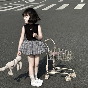 夏季 小女孩夏装 套装 韩版 儿童百搭纯棉背心格子花苞裤 女童2025新款