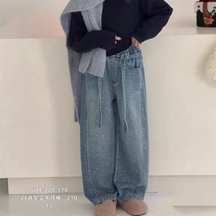 女童裤子2025新款中大童满天星烫钻水洗牛仔裤儿童一体绒弯刀裤潮