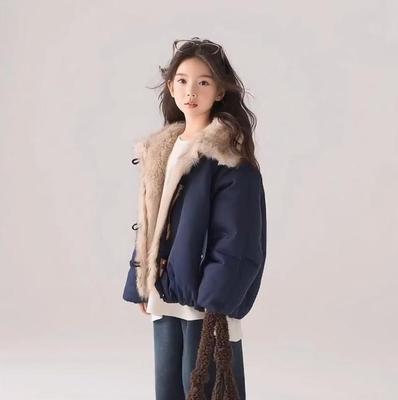 女童翻领毛领秋冬季上衣保暖加厚仿狐狸毛棉衣儿童牛角扣外套冬装