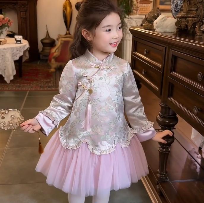 女童加绒旗袍裙冬装新款儿童国风中大童新中式织锦提花公主连衣裙