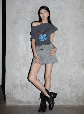 TMSstudio 喷泉T恤 一字领不对称斜肩荡领收腰性感上衣