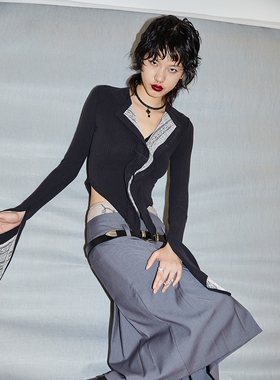 TMSstudio设计感蕾丝拼接秋季V领显瘦单排扣弹性拼色修身针织开衫