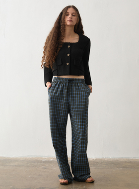TMS STUDIO  松紧腰蓝格子慵懒随性长裤休闲睡裤直筒长裤