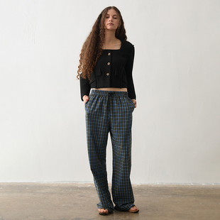 TMS STUDIO  松紧腰蓝格子慵懒随性长裤休闲睡裤直筒长裤