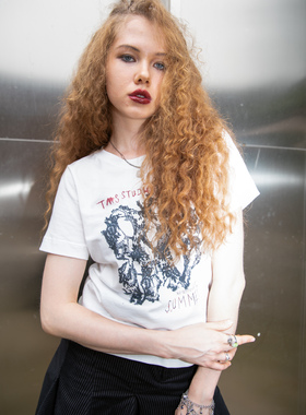 TMS STUDIO 碎片蕾丝印花 水洗棉圆领短袖百搭宽松休闲T恤