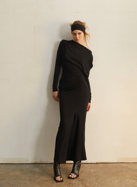 TMS STUDIO 立体剪裁酷感聚会氛围 羊毛纯色长袖紧身超长连衣裙