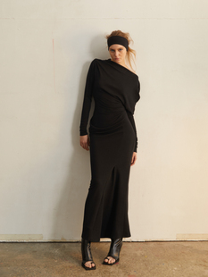 TMS STUDIO 立体剪裁酷感聚会氛围 羊毛纯色长袖紧身超长连衣裙