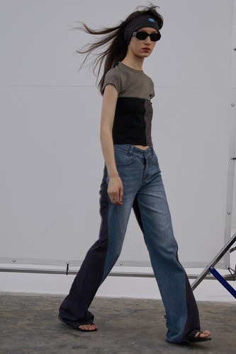 个性明线装饰拼色短袖T恤