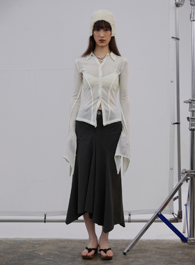 TMSstudio 喇叭袖透视收腰显瘦特色肌理秋季针织衫几何拼接上衣