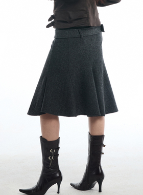 TMS STUDIO春夏新款人字纹羊毛腰带高品质女包臀及膝鱼尾半身裙