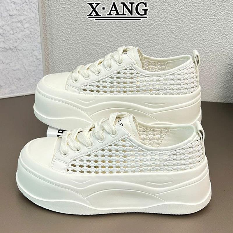 真皮手工编织镂空透气小白鞋子女鞋夏季洞洞凉鞋厚底增高休闲板鞋