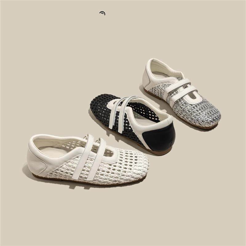 编织玛丽珍女鞋新款2026夏季镂空透气凉鞋银色法式小单鞋子配裙子