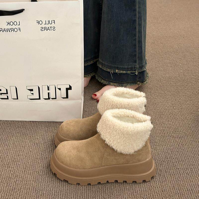 复古绒毛拼接厚底雪地靴女生秋冬季百搭时尚短筒加绒加平底厚棉鞋