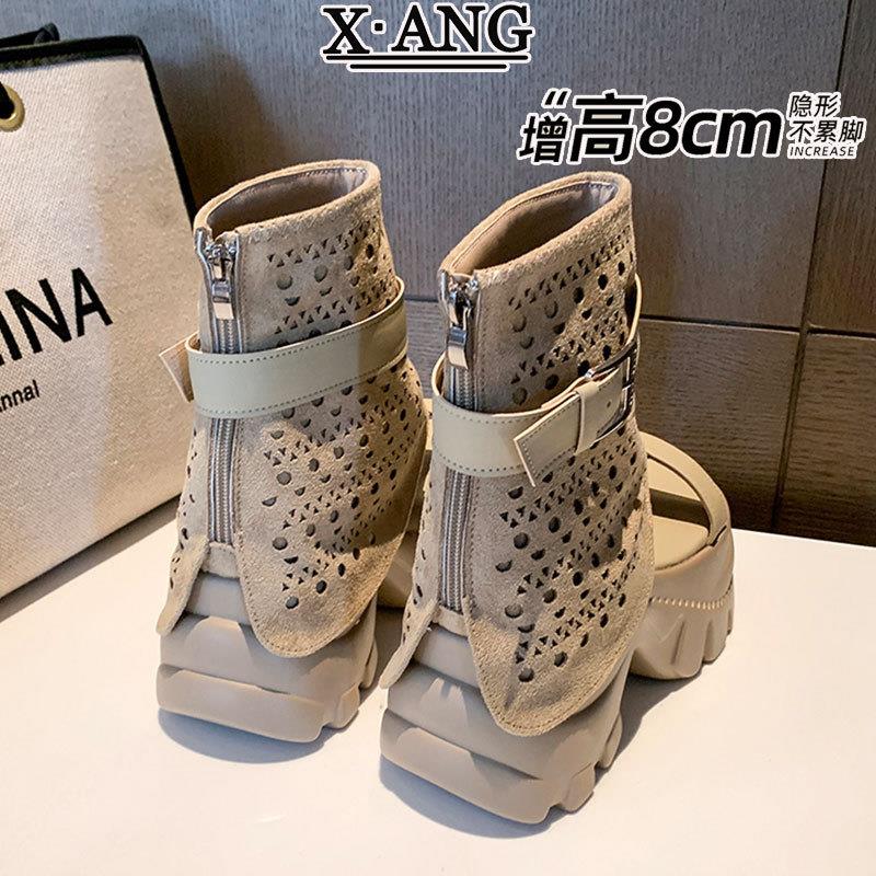 牛皮版夏季露趾洞洞凉靴女厚底增高跟小个子裤管靴镂空透气短靴子