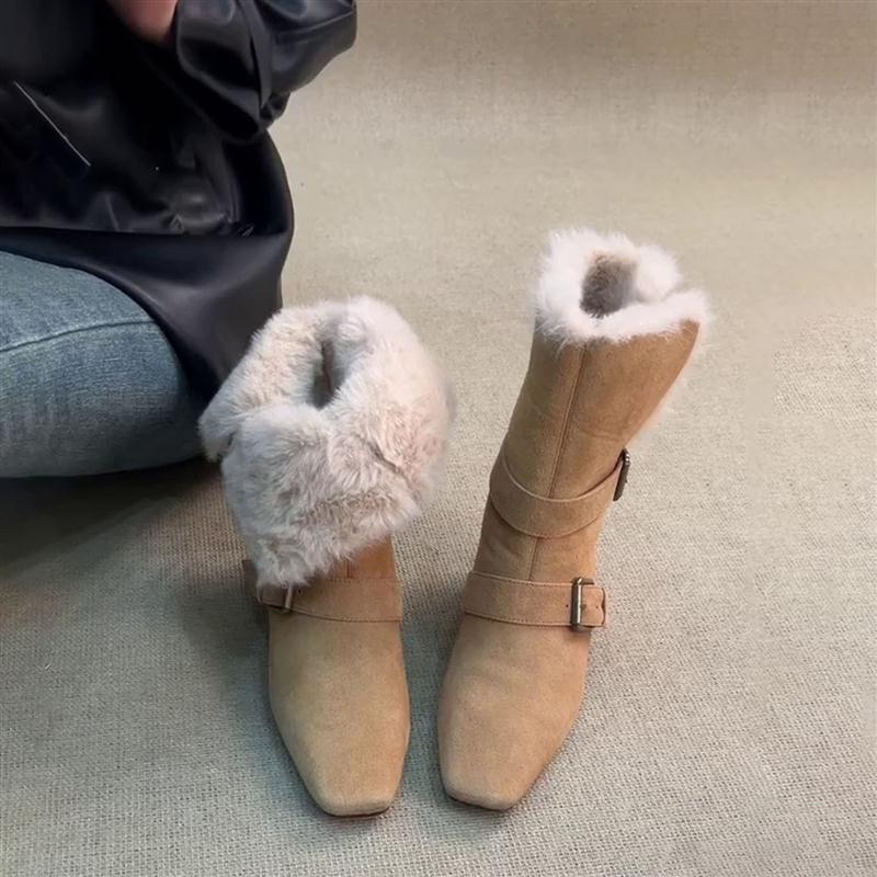 澜柜家~韩版皮带扣加绒保暖切尔西靴女显瘦翻折两穿气质雪地靴子