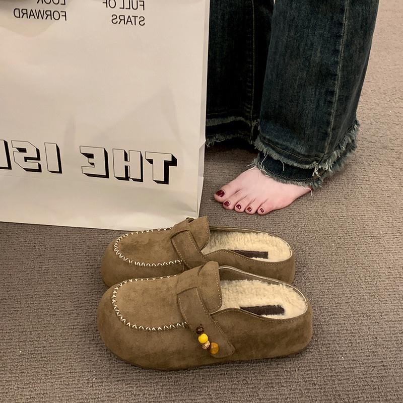 复古勃肯棉拖鞋女2025年秋冬季新款一脚蹬纯色休闲厚底毛毛拖外穿