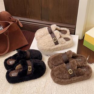 法式复古厚底毛毛拖鞋女外穿2026年新款加绒保暖懒人一脚蹬棉拖鞋