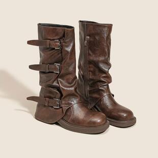 中长筒马丁靴女小个子堆堆靴女夏季棕色靴子厚底废土风西部牛仔靴