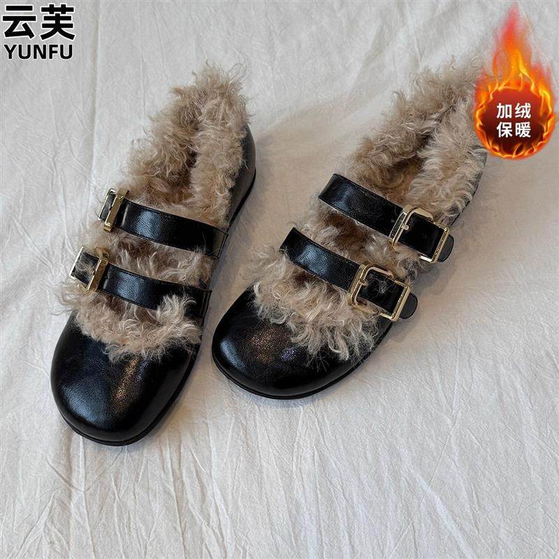 英伦风加绒保暖毛毛鞋女冬季皮带扣玛丽珍鞋圆头羊羔毛平底小皮鞋,女鞋,玛丽珍鞋,淘宝优惠券,粉丝福利购,淘宝优惠卷