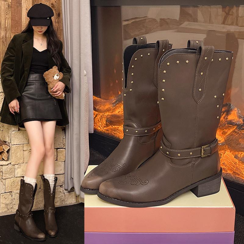 复古做旧擦色尖头西部牛仔靴V口粗跟骑士靴中筒靴子高跟马丁靴女