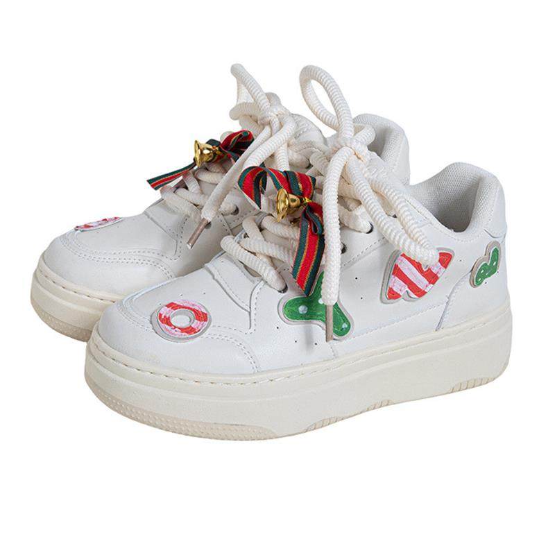 白鹿鞋业圣诞风穿搭小白鞋2026新款涂鸦手绘厚底女款板鞋小众设计,女鞋,休闲板鞋,淘宝优惠券,粉丝福利购,淘宝优惠卷