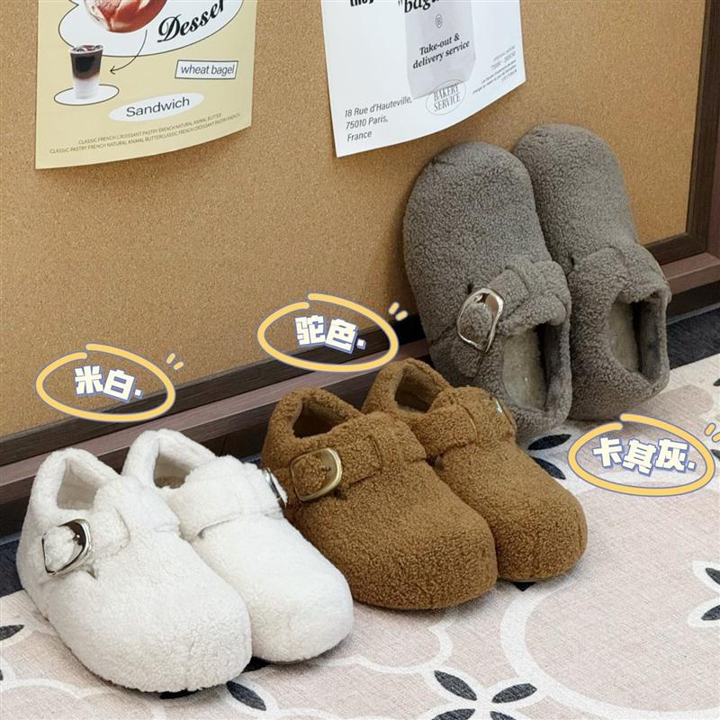 谷韵丨秋冬羊羔毛勃肯鞋2025新款毛呢加绒加厚懒人包头鞋保暖棉鞋