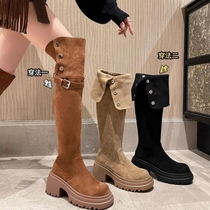 美拉德两穿翻折厚底长筒靴子女2025冬季新款粗跟过膝骑士靴