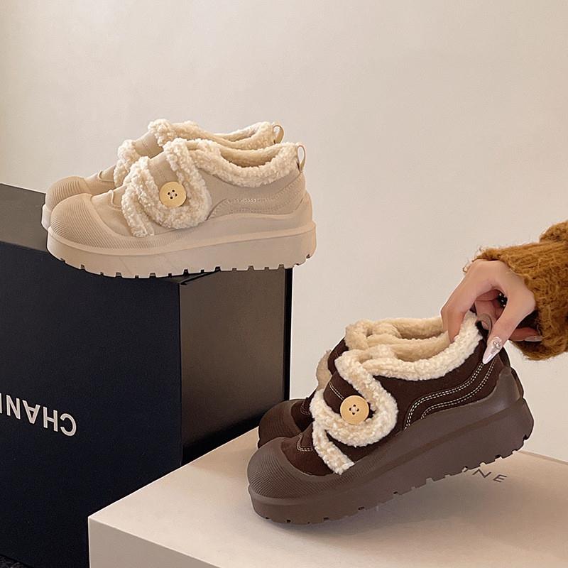 谷韵丨棕色棉鞋女2025年冬季厚底加绒丑萌魔术贴毛毛鞋保暖雪地靴