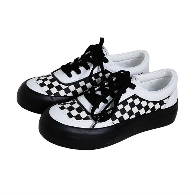 白鹿鞋业2025新款黑白棋盘格厚底帆布鞋女韩版潮流休闲面包女鞋子