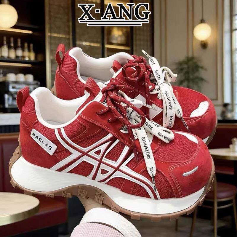 2026早春季新款红色老爹鞋女款德训鞋真皮休闲运动鞋厚底阿甘鞋女