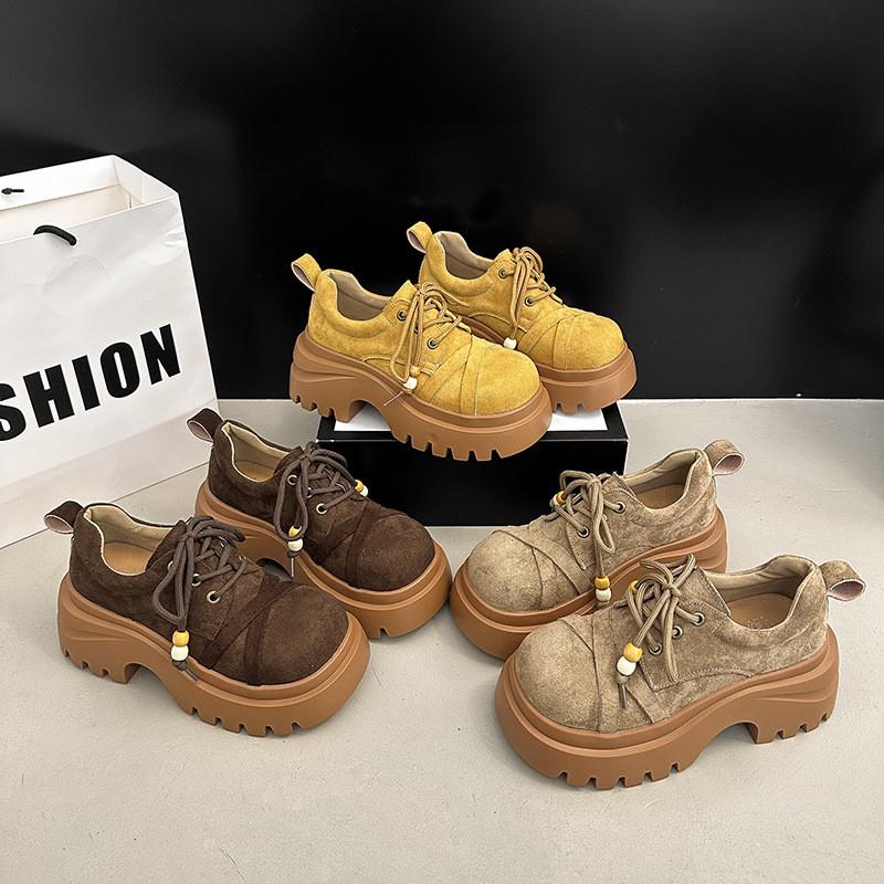 厚底增高大头系带小皮鞋女2025秋季新款复古勃肯鞋小个子乐福单鞋