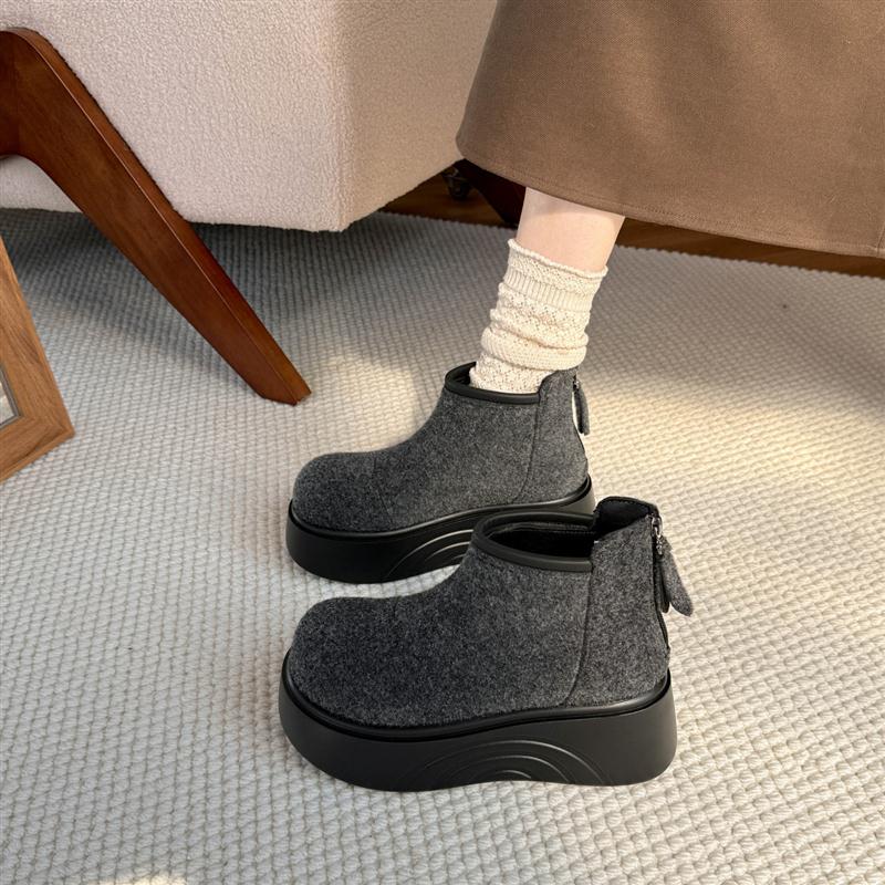 厚底增高毛呢灰色雪地靴女2025新款冬季加绒马丁短靴时尚保暖棉鞋