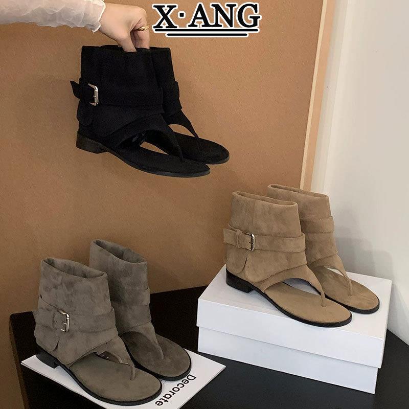 牛皮版夏季人字凉靴女款露趾西部牛仔靴短靴子粗跟夹趾罗马凉鞋女