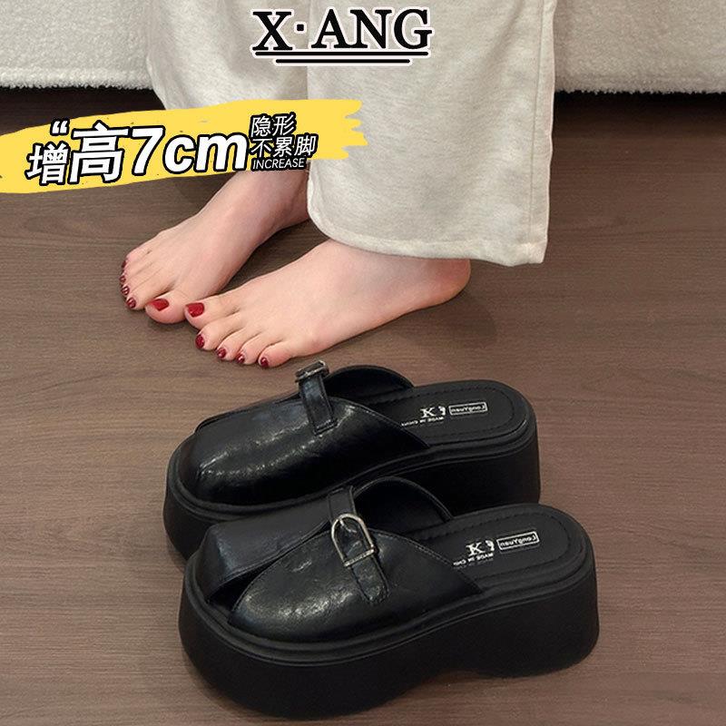 软牛皮厚底踩屎感包头半拖鞋女夏季可外穿无后跟一脚蹬懒人凉拖鞋