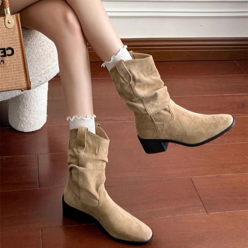 澜柜版~磨砂绒面V口西部牛仔靴女复古风中筒靴高跟套筒显瘦堆堆靴