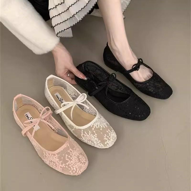 温柔晚晚风蝴蝶结芭蕾舞鞋女2025新款仙女镂空网布蕾丝绣花鞋单鞋