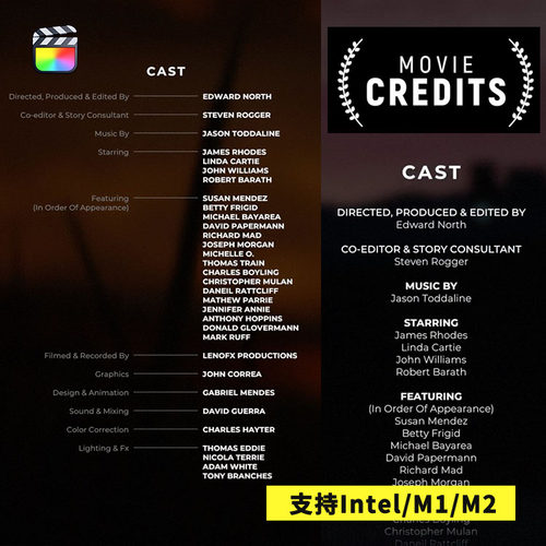 FCPX插件Movie Credits片尾演职员介绍字幕标题动画预设22个