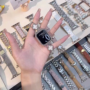 适用苹果手表带iWatchS10四叶草金属真皮豹纹女款 表链applewatch9