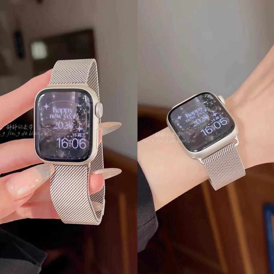 适用苹果iwatchS9通用男女华强北S10/9876se不锈钢磁吸手表带米兰