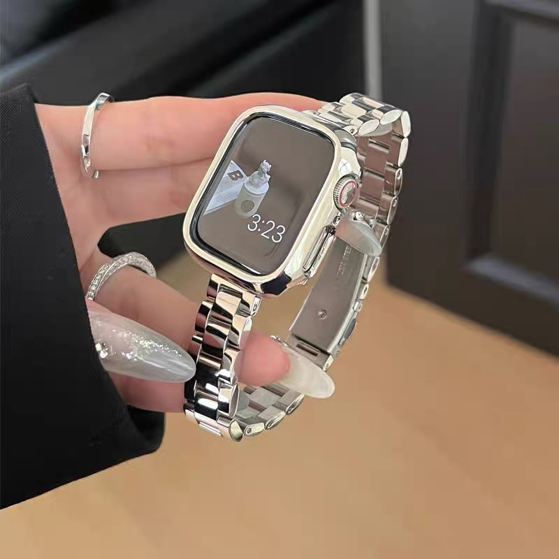 适用苹果手表带iwatchS10新款亮面女三株不锈钢applewatch9876SE2