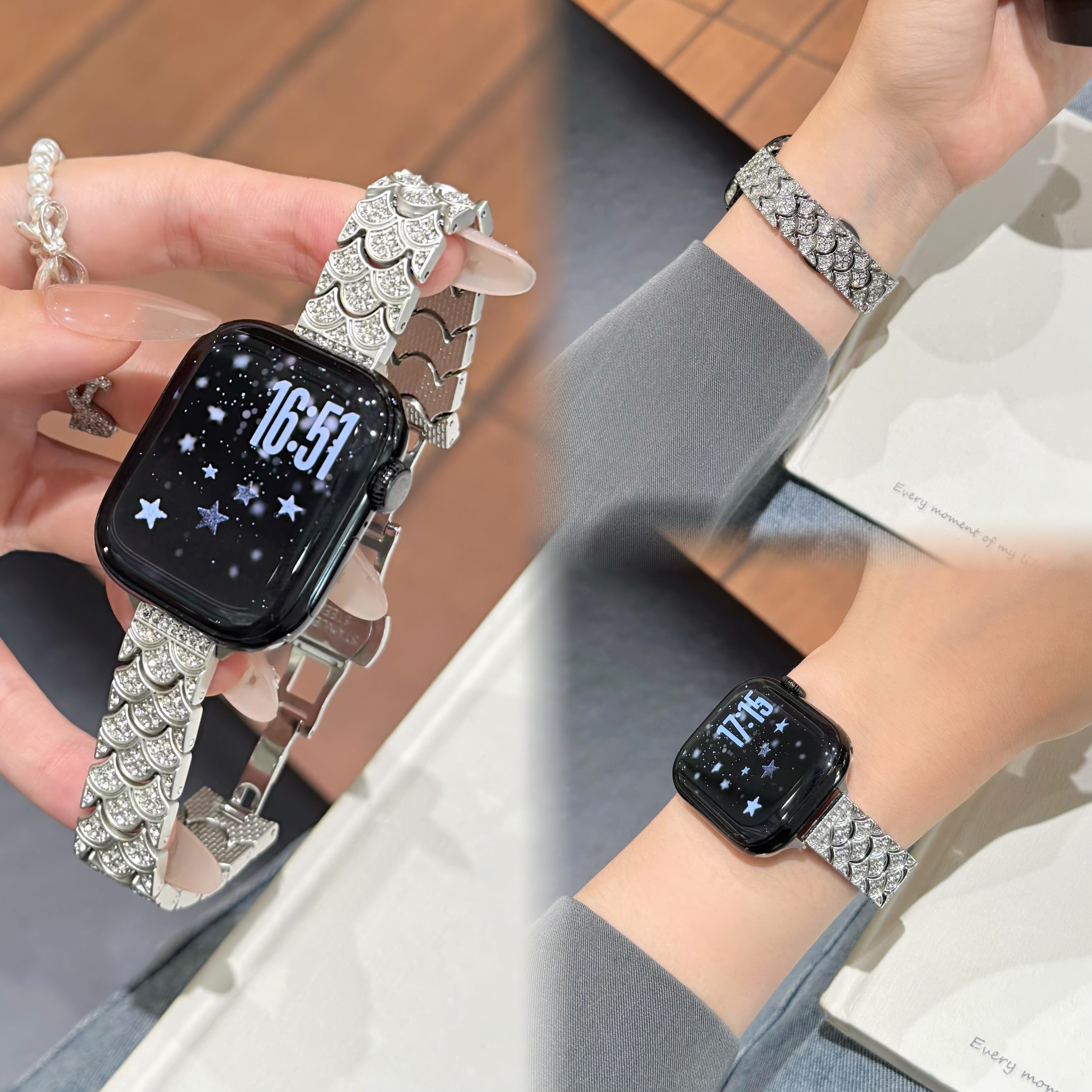 镶钻美人鱼鳞适用iwatchS11表带苹果手表42mm女金属华强北S12Max