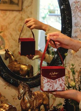 【陌上花开】手提烫金酒红色绒布喜糖盒免折叠复古伴手礼盒翻盖