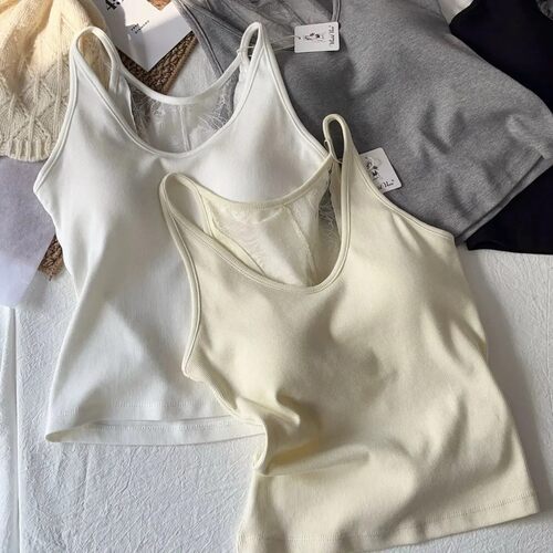 【乳胶杯】辣妹风蕾丝拼接美背带胸垫吊带背心女夏季外穿内搭显瘦