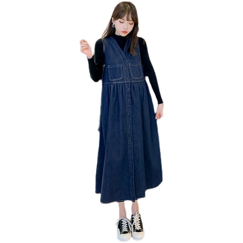 MATERNITY AUTUMN CLOTHES NEW KOREAN VERSION OF THE MID-LENGTH DENIM STRAP SKIRT TWO-PIECE SUIT PLUS SIZE LOOSE SLIM DRESS