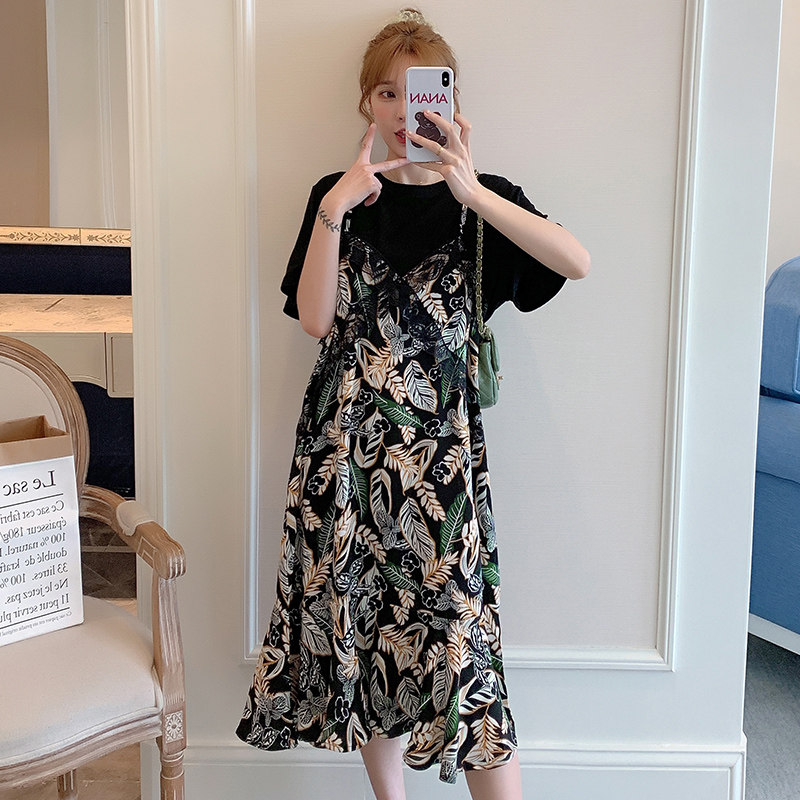 SPRING AND SUMMER CLOTHES NEW KOREAN VERSION PLUS SIZE MATERNITY CLOTHES FAKE TWO DRESSES FOREIGN STYLE BASE SHIRTS FAT MM OVER-THE-KNEE SKIRT TIDE
