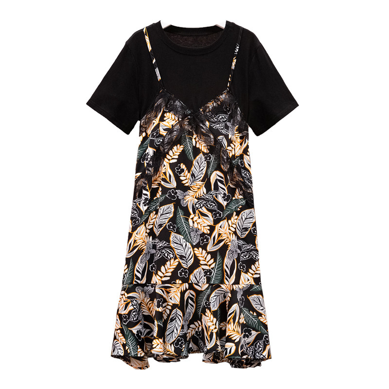 SPRING AND SUMMER CLOTHES NEW KOREAN VERSION PLUS SIZE MATERNITY CLOTHES FAKE TWO DRESSES FOREIGN STYLE BASE SHIRTS FAT MM OVER-THE-KNEE SKIRT TIDE