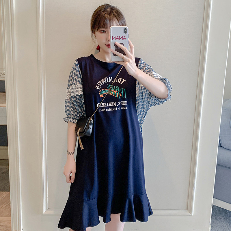 2024 SUMMER CLOTHES NEW KOREAN VERSION OF MATERNITY CLOTHES SLIM MID-LENGTH CHIFFON DRESS FOREIGN SHORT-SLEEVED STITCHED CHIFFON SKIRT