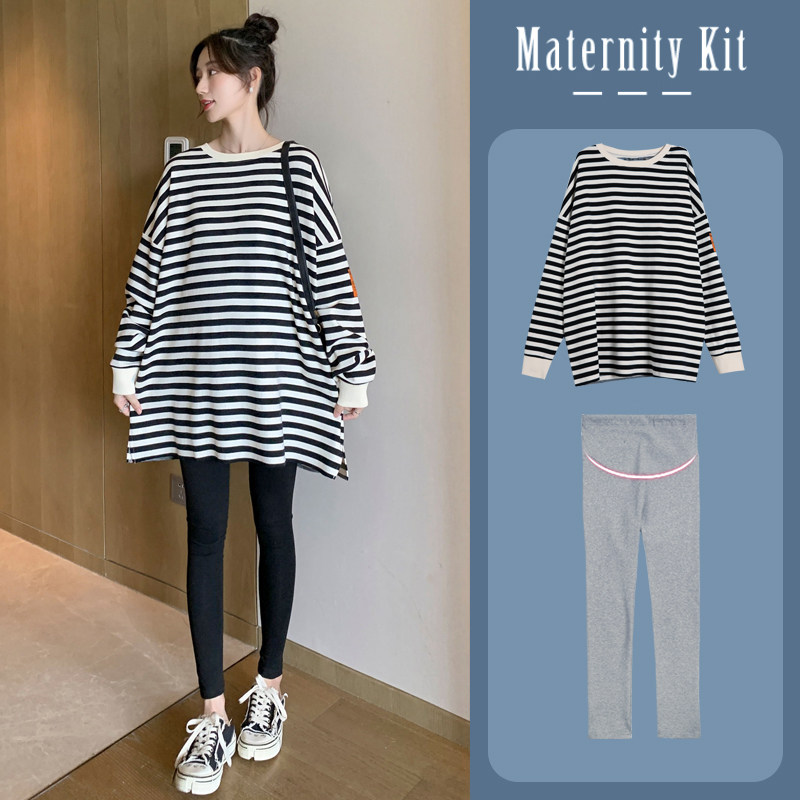 SPRING AND AUTUMN CLOTHES THE NEW KOREAN VERSION OF THE MATERNITY CLOTHES LOOSE SWEATSHIRTS FOREIGN SUITS TRENDY MOTHERS STRIPED TOPS THIN BELLY PANTS