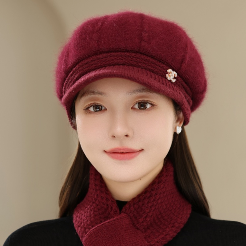 时尚中老年人针织毛线帽子女秋冬加绒保暖鸭舌八角帽老太太兔毛帽