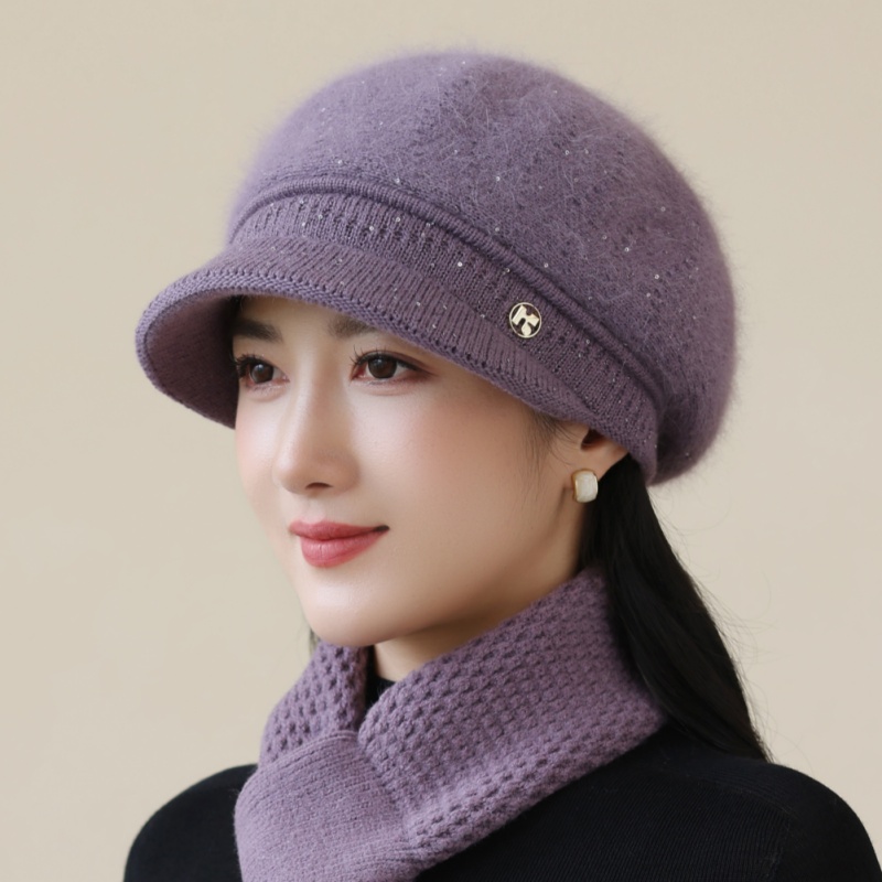 新款兔毛帽子女秋冬季加绒保暖妈妈洋气百搭时尚针织毛线帽鸭舌帽